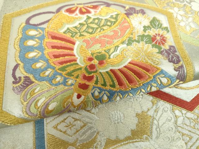 平和屋着物▼六通柄袋帯 唐織 亀甲舞蝶花鳥文 金銀糸 正絹 逸品 DABH9433ps