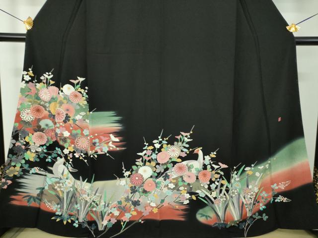 平和屋着物●豪華黒留袖 作家物 駒刺繍 尾長鳥花文 暈し染め 金彩 正絹 逸品 未使用 DABH9485ps