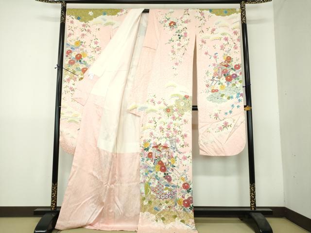 平和屋着物●豪華振袖 枝垂れ桜 御所車花文 金彩 正絹 逸品 DABH9508ps