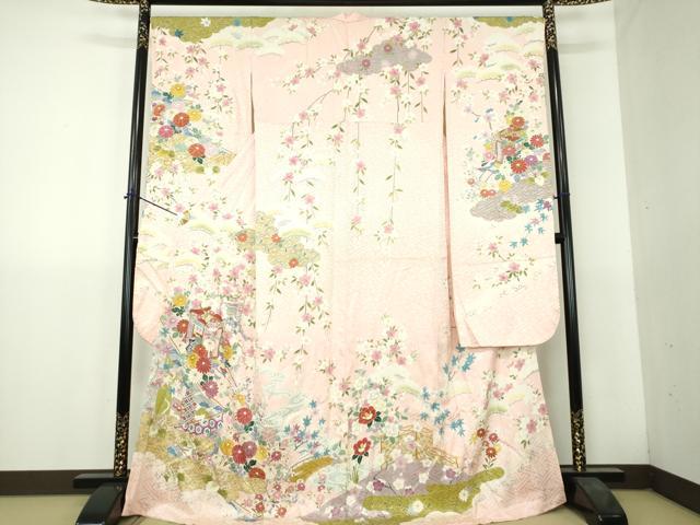 平和屋着物●豪華振袖 枝垂れ桜 御所車花文 金彩 正絹 逸品 DABH9508ps