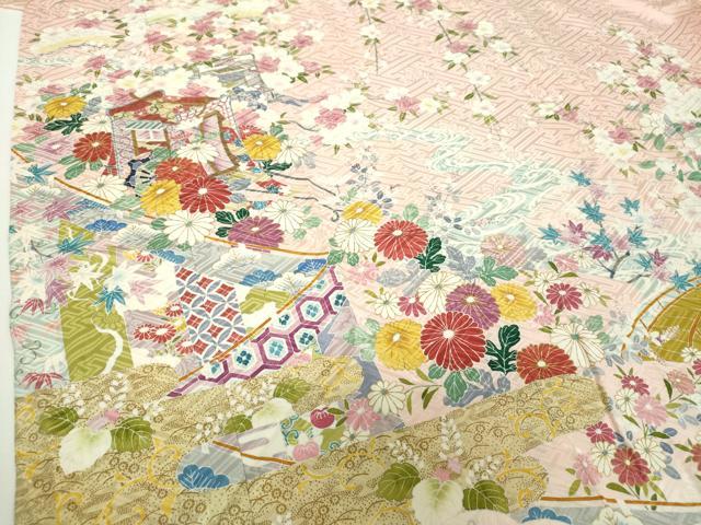平和屋着物●豪華振袖 枝垂れ桜 御所車花文 金彩 正絹 逸品 DABH9508ps