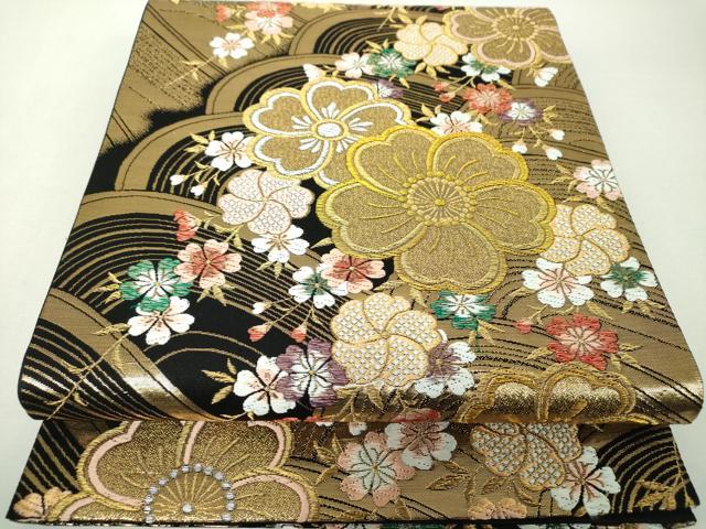 平和屋着物▼六通柄袋帯 唐織 友舞錦 流水桜 黒地 金銀糸 正絹 逸品 DABH9518ps