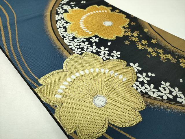 平和屋着物▼六通柄袋帯 舞桜 黒地 金銀糸 正絹 逸品 DABH9542ps