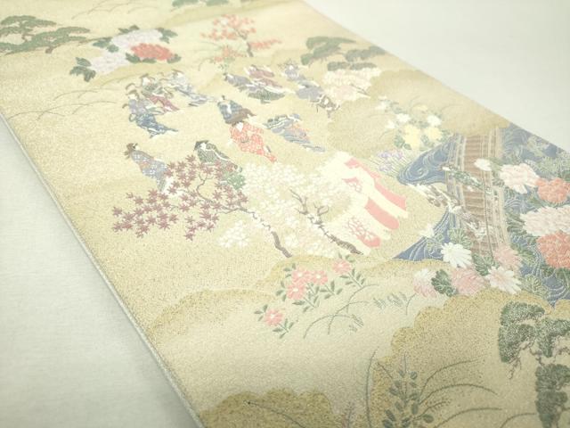 平和屋着物▼両面 六通柄袋帯 寿光織 渡橋人物風景花文 金糸 正絹 逸品 未使用 DABH9553ps