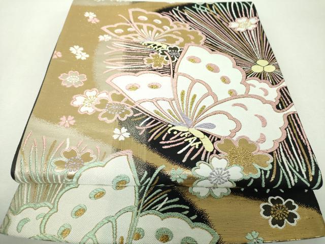 平和屋着物▼全通柄袋帯 舞蝶桜 金糸 正絹 逸品 DABH9554ps