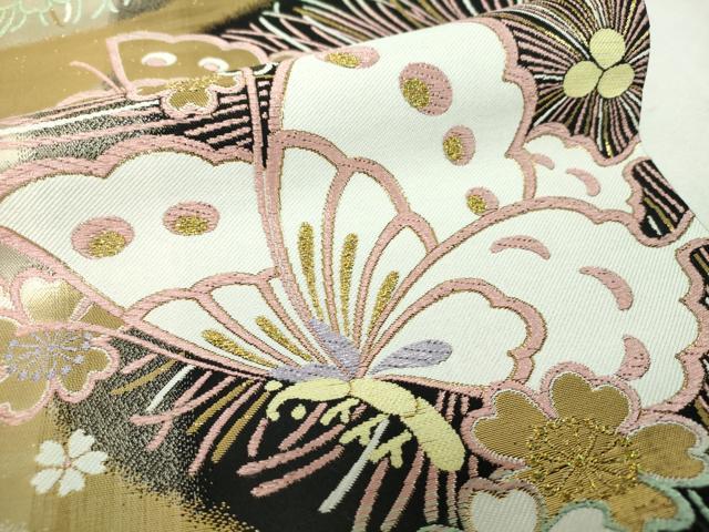 平和屋着物▼全通柄袋帯 舞蝶桜 金糸 正絹 逸品 DABH9554ps