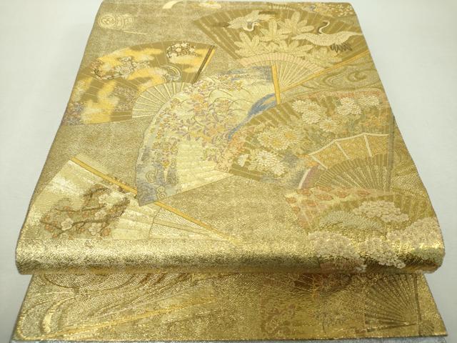 平和屋着物▼両面 全景全通柄袋帯 扇面飛鶴花文 金糸 正絹 逸品 DABH9565ps