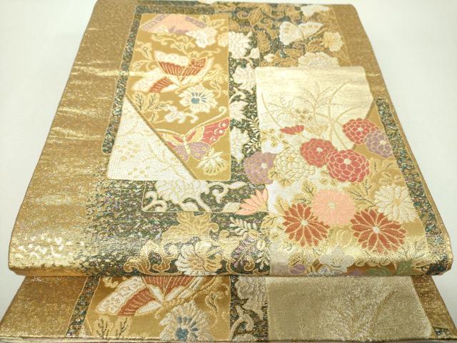 平和屋着物▼六通柄袋帯 短冊舞蝶花文 金銀糸 正絹 逸品 DABH9567ps