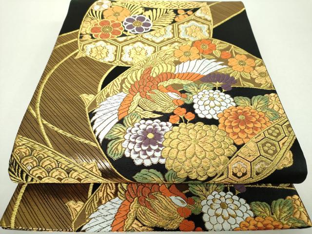 平和屋着物▼六通柄袋帯 唐織 花鳥糸車文 黒地 金糸 正絹 逸品 DABH9575ps