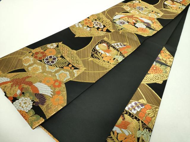 平和屋着物▼六通柄袋帯 唐織 花鳥糸車文 黒地 金糸 正絹 逸品 DABH9575ps