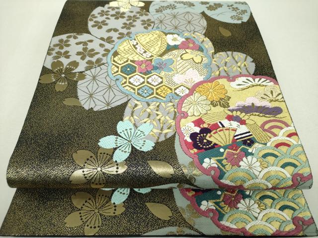 平和屋着物▼六通柄袋帯 唐織 舞桜 雪輪花手毬 金糸 さが美扱い 正絹 逸品 DABH9577ps