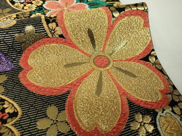 平和屋着物▼六通柄袋帯 舞桜 黒地 金銀糸 正絹 逸品 DABH9579ps