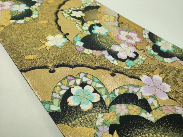 平和屋着物▼両面 全通柄袋帯 雪輪舞桜 黒地 金糸 正絹 逸品 DABH9584ps