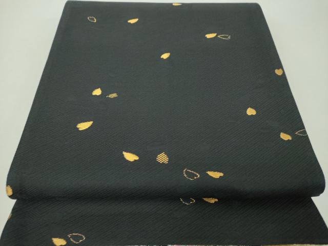 平和屋着物▼両面 全通柄袋帯 雪輪舞桜 黒地 金糸 正絹 逸品 DABH9584ps