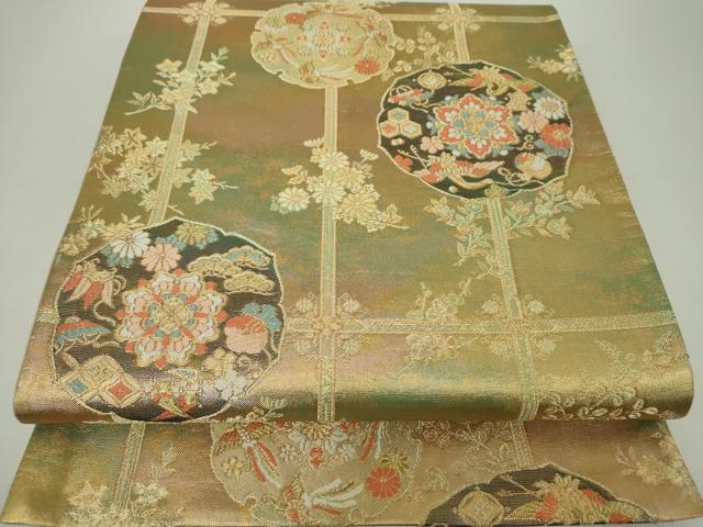平和屋着物▼六通柄袋帯 宝尽くし 正倉院鳳凰花文 金糸 引箔 正絹 逸品 DABH9585ps
