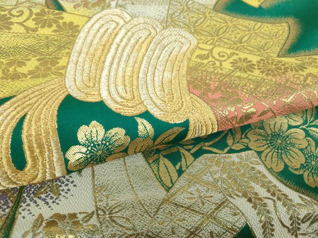 平和屋着物▼六通柄袋帯 束ね熨斗鳳凰花文 金糸 正絹 逸品 DABH9602ps