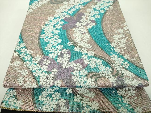 平和屋着物▼六通柄袋帯 流水桜 ラメ糸 正絹 逸品 DABH9606ps