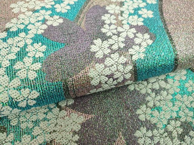平和屋着物▼六通柄袋帯 流水桜 ラメ糸 正絹 逸品 DABH9606ps