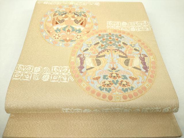 平和屋着物▼太鼓柄袋帯 狩猟連珠 向かい鳥花文 金糸 正絹 逸品 DABH9624ps