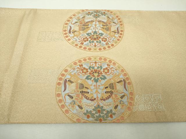 平和屋着物▼太鼓柄袋帯 狩猟連珠 向かい鳥花文 金糸 正絹 逸品 DABH9624ps