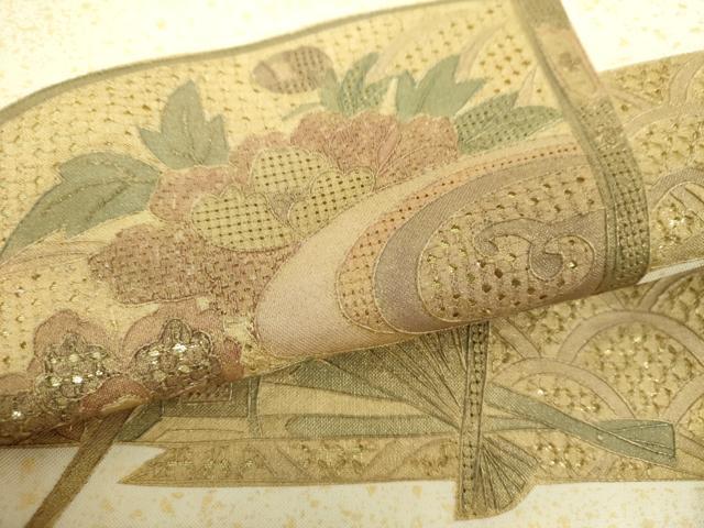 平和屋着物▼中国三大刺繍 スワトウ相良刺繍 汕頭相良刺繍 総刺繍 太鼓柄袋帯 絽刺し 扇面花文 金彩 正絹 逸品 DABH9641ps