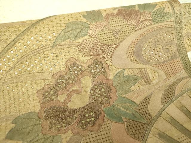 平和屋着物▼中国三大刺繍 スワトウ相良刺繍 汕頭相良刺繍 総刺繍 太鼓柄袋帯 絽刺し 扇面花文 金彩 正絹 逸品 DABH9641ps
