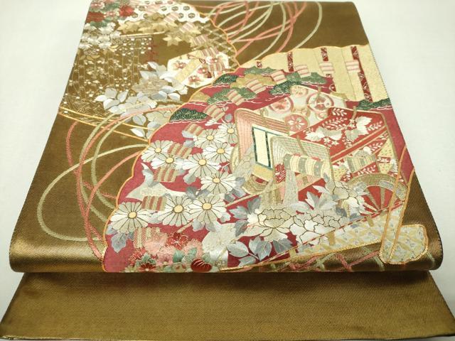 平和屋着物▼太鼓柄袋帯 駒刺繍 総刺繍 檜扇御所車花文 金銀糸 引箔 正絹 逸品 DABH9681ps