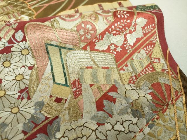 平和屋着物▼太鼓柄袋帯 駒刺繍 総刺繍 檜扇御所車花文 金銀糸 引箔 正絹 逸品 DABH9681ps