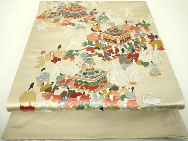 平和屋着物▼太鼓柄袋帯 総刺繍 御神輿 祭 金銀糸 正絹 逸品 未使用 DABH9682ps