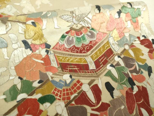 平和屋着物▼太鼓柄袋帯 総刺繍 御神輿 祭 金銀糸 正絹 逸品 未使用 DABH9682ps