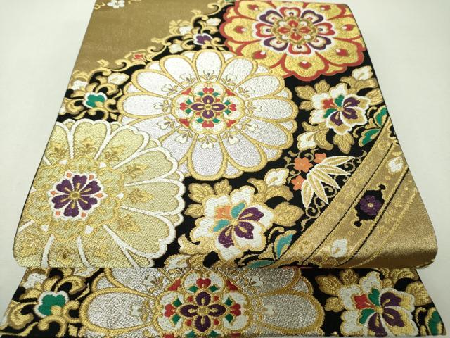 平和屋着物▼六通柄袋帯 吉祥花文 黒地 金銀糸 正絹 逸品 DABH9695ps