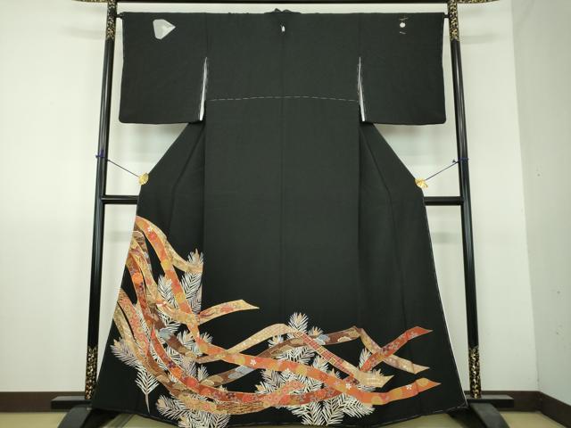 平和屋着物●豪華黒留袖 駒刺繍 鳳凰花熨斗文 若松葉 金銀彩 正絹 逸品 未使用 DABH9726ps