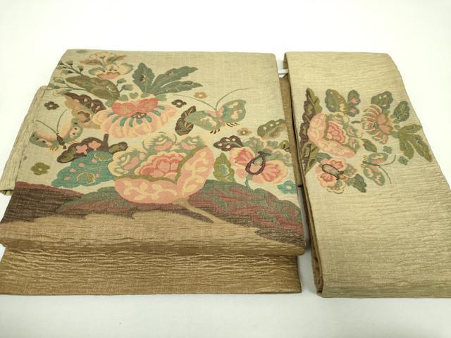 平和屋着物▼つけ帯 ふくれ織 舞蝶更紗花文 金糸 正絹 逸品 DABH9761ps