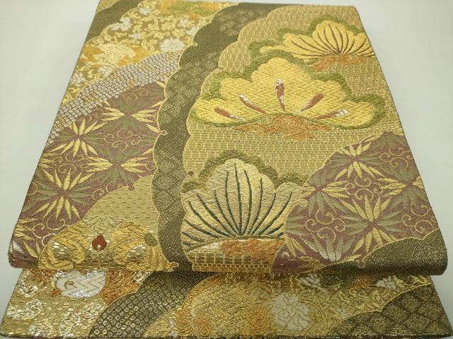 平和屋着物▼六通柄袋帯 唐獅子に牡丹 雪輪吉祥花鳥文 金糸 正絹 逸品 DABH9797ps