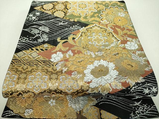 平和屋着物▼六通柄袋帯 松皮菱花文 黒地 金銀糸 正絹 逸品 DABH9830ps