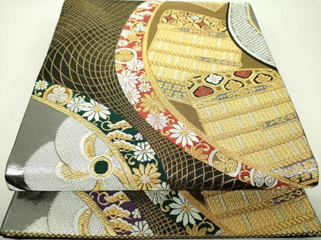 平和屋着物▼六通柄袋帯 鎧脅し 鶴亀花文 黒地 金銀糸 正絹 逸品 DABH9831ps