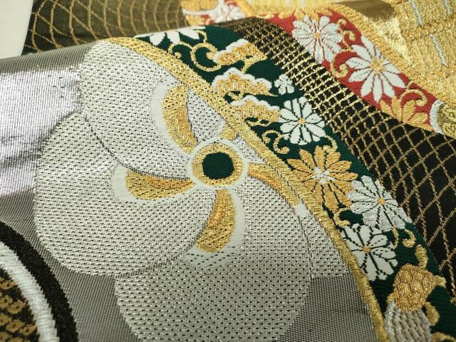 平和屋着物▼六通柄袋帯 鎧脅し 鶴亀花文 黒地 金銀糸 正絹 逸品 DABH9831ps
