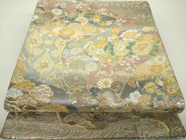 平和屋着物▼六通柄袋帯 地紙花文 金銀糸 正絹 逸品 DABH9836ps