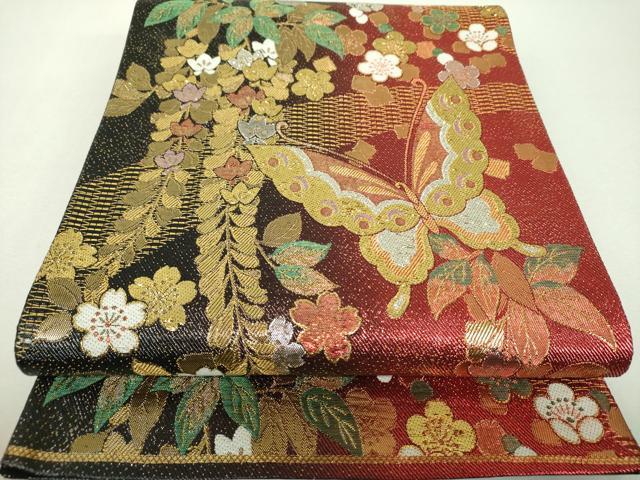 平和屋着物▼六通柄袋帯 舞蝶花文 金銀糸 正絹 逸品 DABH9845ps