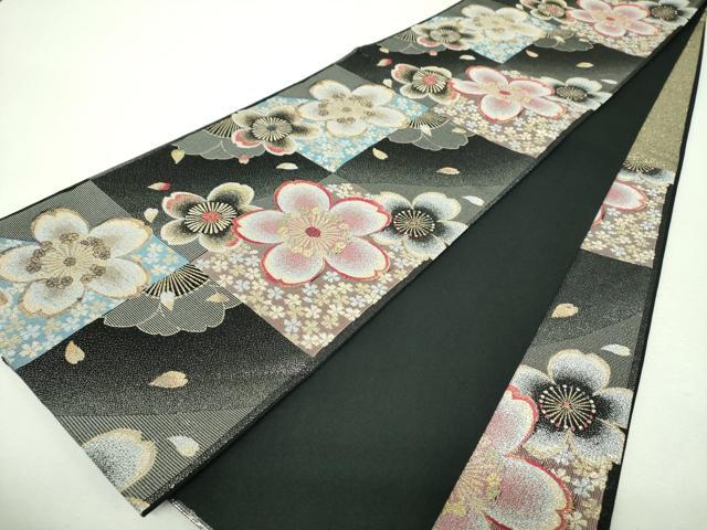 平和屋着物▼六通柄袋帯 市松舞桜 黒地 金銀糸 正絹 逸品 DABH9853ps