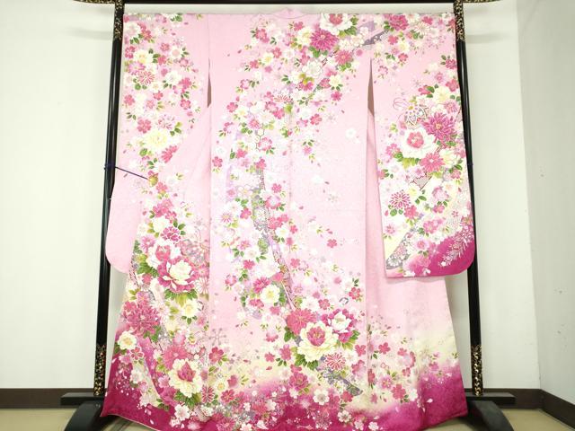 平和屋着物●豪華振袖 刺繍 枝垂れ桜 花手毬熨斗文 暈し染め 金彩 銀通し地 正絹 逸品 DABH9869ps