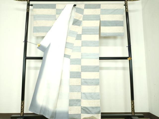 平和屋着物●ぜんまい紬 市松文様 正絹 逸品 DABH9887ps