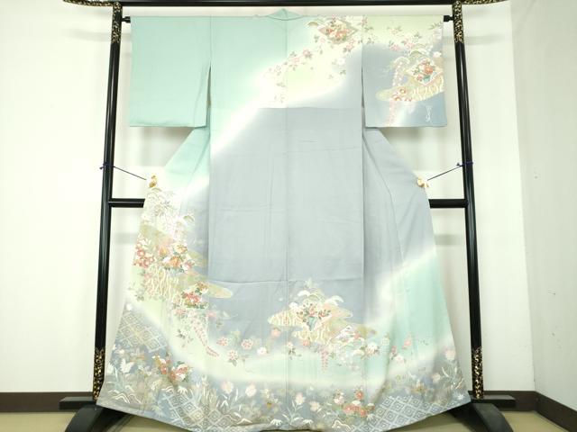 平和屋着物●訪問着 駒刺繍 霞松皮菱花文 暈し染め 金彩 鈴乃屋扱い 正絹 逸品 DABH9888ps