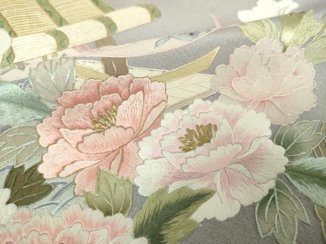 平和屋着物●中国三大刺繍 相良刺繍 総刺繍 色留袖 御所車御簾花文 金糸 正絹 逸品 DABH9897ps