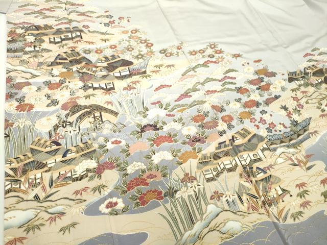 平和屋着物●訪問着 渡橋風景花文 暈し染め 金彩 正絹 逸品 DABH9908ps