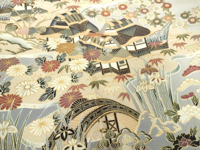 平和屋着物●訪問着 渡橋風景花文 暈し染め 金彩 正絹 逸品 DABH9908ps