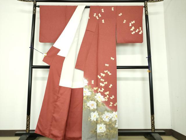 平和屋着物●訪問着 作家物 舞蝶牡丹文 暈し染め 金銀彩 銀通し地 正絹 逸品 DABH9909ps