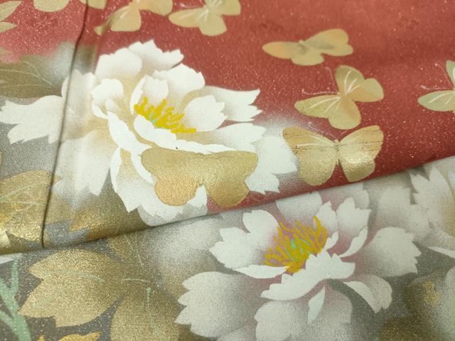平和屋着物●訪問着 作家物 舞蝶牡丹文 暈し染め 金銀彩 銀通し地 正絹 逸品 DABH9909ps