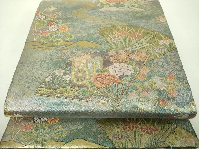 平和屋着物▼丸帯 扇面花文 金銀糸 反端付き 正絹 逸品 DABH9974ps