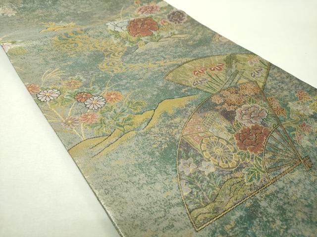 平和屋着物▼丸帯 扇面花文 金銀糸 反端付き 正絹 逸品 DABH9974ps
